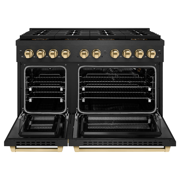 ZLINE Autograph Edition 48 in. 6.7 cu. ft. Paramount Gas Range with 8 Burner DuoPro™ Cooktop and Dual Ovens in Black Satin Stainless Steel and Polished Gold Accents, Open Box-Great Condition