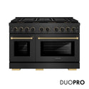 ZLINE Designer Collection 48 in. 6.7 cu. ft. Paramount Gas Range with 8 Burner DuoPro™ Cooktop and Dual Ovens in Black Satin Stainless Steel with Matte Black and Champagne Bronze Accents, Open Box-Great Condition