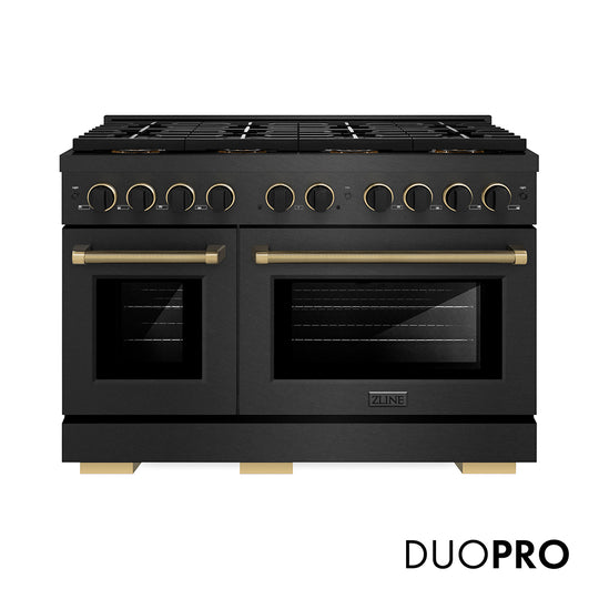 ZLINE Designer Collection 48 in. 6.7 cu. ft. Paramount Gas Range with 8 Burner DuoPro™ Cooktop and Dual Ovens in Black Satin Stainless Steel with Matte Black and Champagne Bronze Accents, Open Box-Great Condition