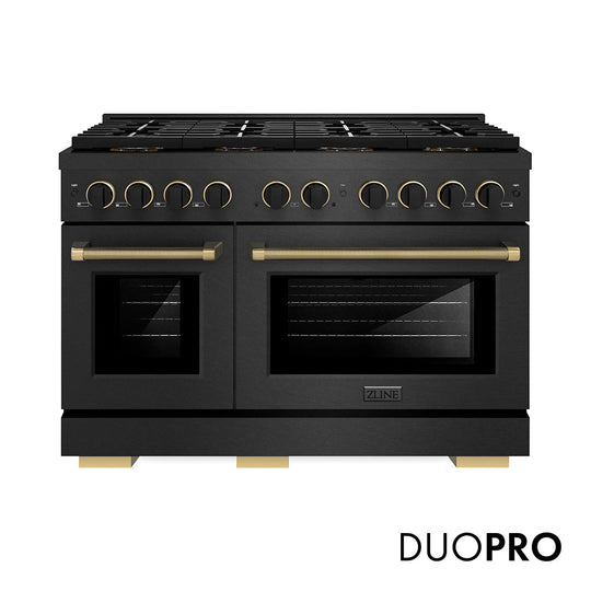 ZLINE Designer Collection 48 in. 6.7 cu. ft. Paramount Gas Range with 8 Burner DuoPro™ Cooktop and Dual Ovens in Black Satin Stainless Steel with Matte Black and Champagne Bronze Accents, Open Box-Good Condition