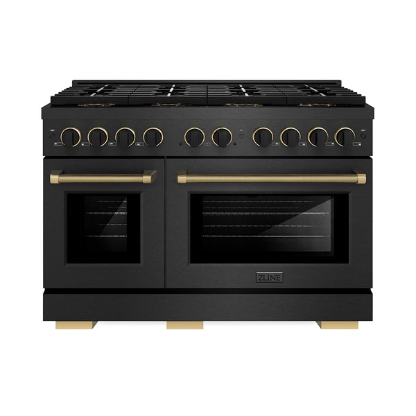 ZLINE Designer Collection 48 in. 6.7 cu. ft. Paramount Gas Range with 8 Burner DuoPro™ Cooktop and Dual Ovens in Black Satin Stainless Steel with Matte Black and Champagne Bronze Accents, Open Box-Great Condition