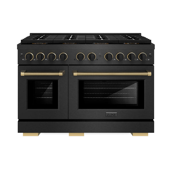 ZLINE Designer Collection 48 in. 6.7 cu. ft. Paramount Gas Range with 8 Burner DuoPro™ Cooktop and Dual Ovens in Black Satin Stainless Steel with Matte Black and Champagne Bronze Accents, Open Box-Good Condition