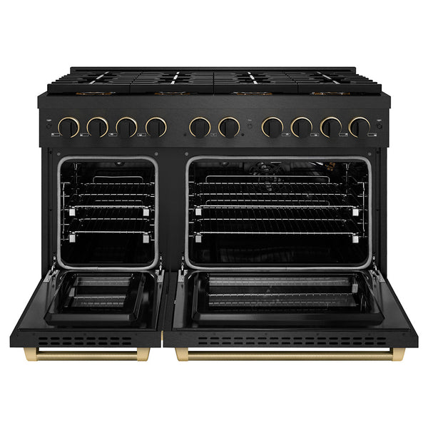 ZLINE Designer Collection 48 in. 6.7 cu. ft. Paramount Gas Range with 8 Burner DuoPro™ Cooktop and Dual Ovens in Black Satin Stainless Steel with Matte Black and Champagne Bronze Accents, Open Box-Good Condition