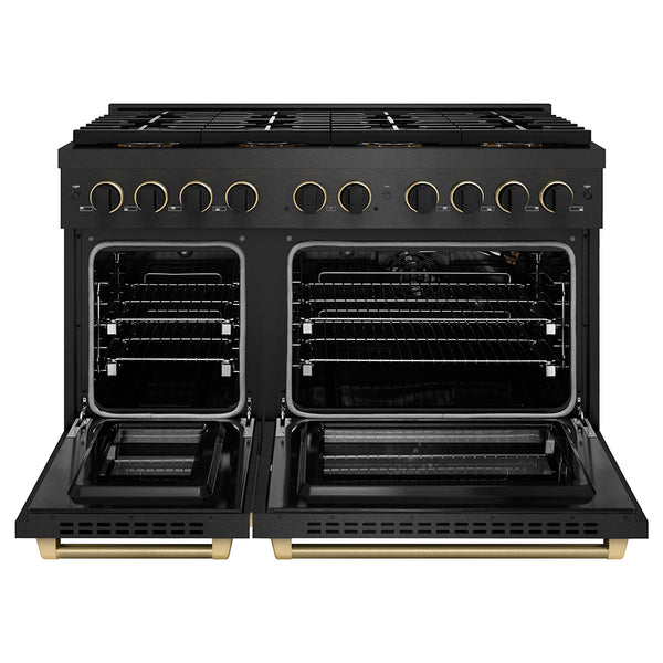 ZLINE Designer Collection 48 in. 6.7 cu. ft. Paramount Gas Range with 8 Burner DuoPro™ Cooktop and Dual Ovens in Black Satin Stainless Steel with Matte Black and Champagne Bronze Accents, Open Box-Great Condition