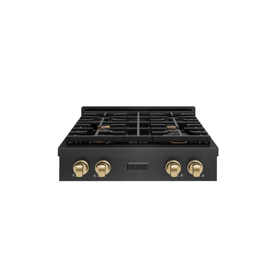 ZLINE Autograph Edition 30 in. Paramount Gas Rangetop with 4 Burners and Porcelain Cooktop in Black Satin Stainless Steel with Champagne Bronze Accents, Open Box-Good Condition