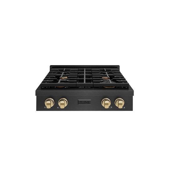 ZLINE Autograph Edition 30 in. Paramount Gas Rangetop with 4 Burners and Porcelain Cooktop in Black Satin Stainless Steel with Champagne Bronze Accents, Open Box-Great Condition