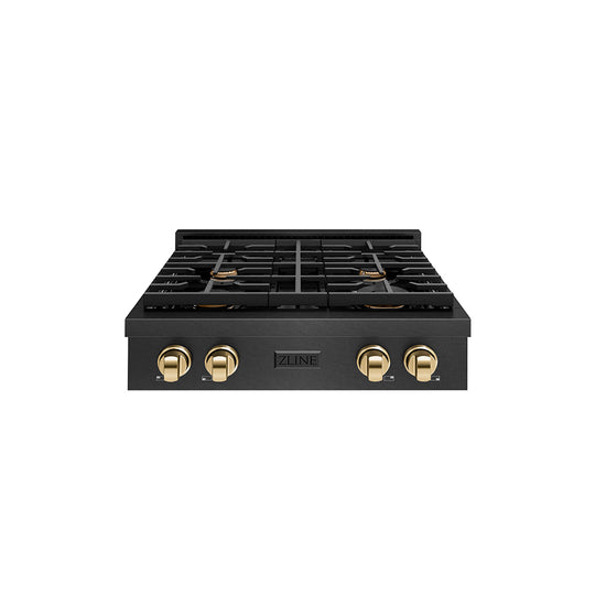ZLINE Autograph Edition 30 in. Paramount Gas Rangetop with 4 Burners and Porcelain Cooktop in Black Satin Stainless Steel with Polished Gold Accents, Open Box-Great Condition