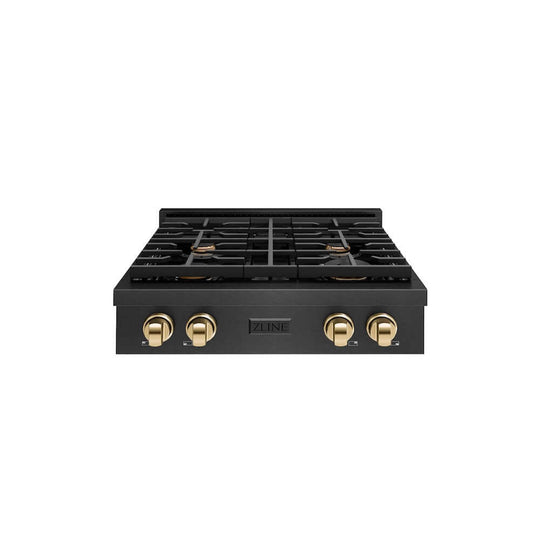 ZLINE Autograph Edition 30 in. Paramount Gas Rangetop with 4 Burners and Porcelain Cooktop in Black Satin Stainless Steel with Polished Gold Accents, Open Box-Good Condition