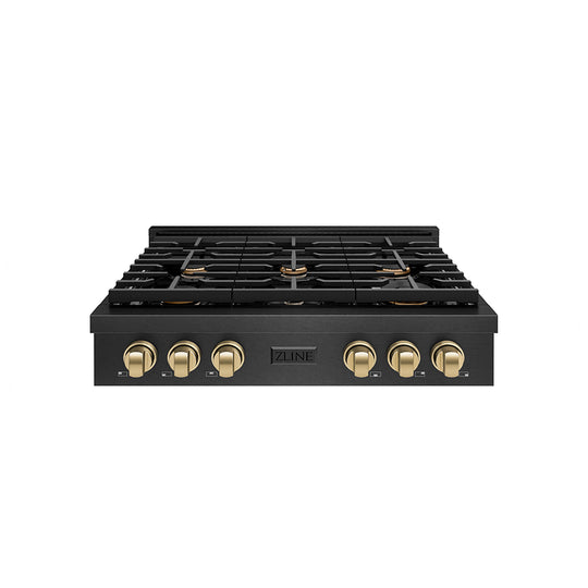ZLINE Autograph Edition 36 in. Paramount Gas Rangetop with 6 Burners and Porcelain Cooktop in Black Satin Stainless Steel with Champagne Bronze Accents, Open Box-Great Condition