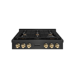 ZLINE Autograph Edition 36 in. Paramount Gas Rangetop with 6 Burners and Porcelain Cooktop in Black Satin Stainless Steel with Polished Gold Accents (SRTBSZ-36-G)