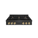 ZLINE Autograph Edition 36 in. Paramount Gas Rangetop with 6 Burners and Porcelain Cooktop in Black Satin Stainless Steel with Polished Gold Accents, Open Box-Great Condition