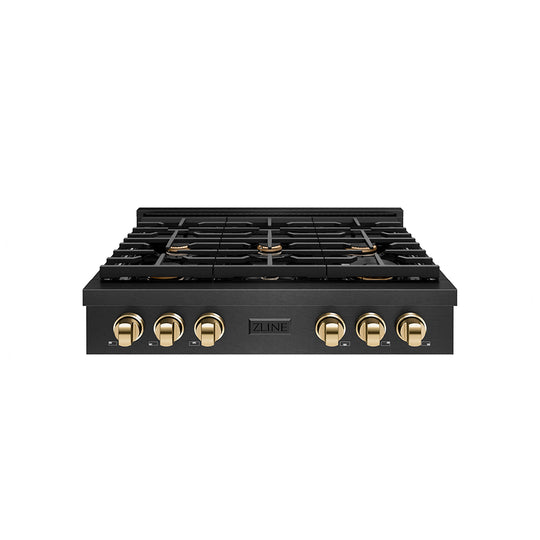 ZLINE Autograph Edition 36 in. Paramount Gas Rangetop with 6 Burners and Porcelain Cooktop in Black Satin Stainless Steel with Polished Gold Accents, Open Box-Great Condition
