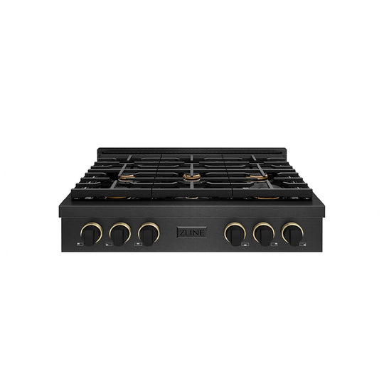 ZLINE Designer Collection 36 in. Paramount Gas Rangetop with 6 Burners in Black Satin Stainless Steel with Matte Black and Champagne Bronze Accents, Open Box-Great Condition