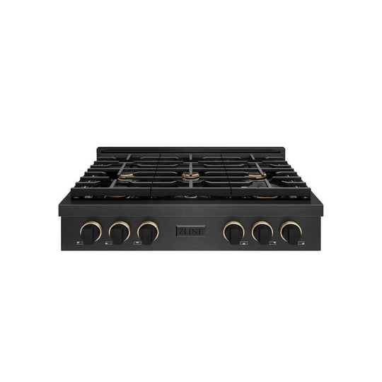 ZLINE Designer Collection 36 in. Paramount Gas Rangetop with 6 Burners in Black Satin Stainless Steel with Matte Black and Champagne Bronze Accents, Open Box-Good Condition
