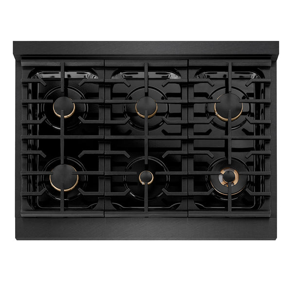 ZLINE Designer Collection 36 in. Paramount Gas Rangetop with 6 Burners in Black Satin Stainless Steel with Matte Black and Champagne Bronze Accents, Open Box-Great Condition