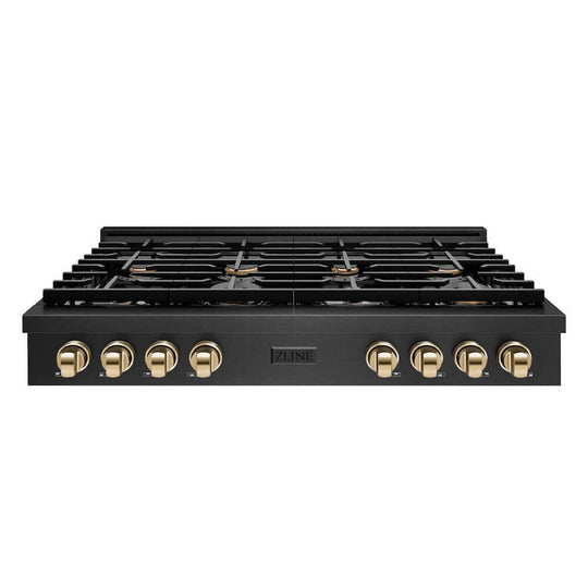 ZLINE Autograph Edition 48 in. Paramount Gas Rangetop with 8 Burners and Porcelain Cooktop in Black Satin Stainless Steel with Polished Gold Accents, Open Box-Good Condition
