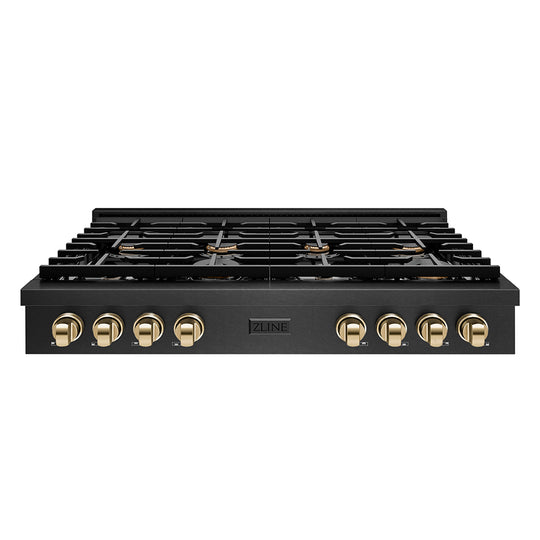 ZLINE Autograph Edition 48 in. Paramount Gas Rangetop with 8 Burners and Porcelain Cooktop in Black Satin Stainless Steel with Polished Gold Accents, Open Box-Great Condition