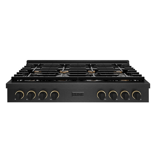 ZLINE Designer Collection 48 in. Paramount Gas Rangetop with 8 Burners in Black Satin Stainless Steel with Matte Black and Champagne Bronze Accents, Open Box-Great Condition