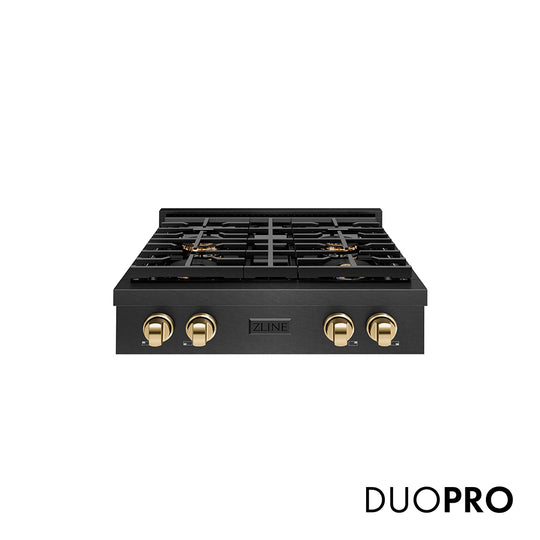 ZLINE Autograph Edition 30 in. Paramount Gas Rangetop with 4 Burner DuoPro™ Cooktop in Black Satin Stainless Steel and Polished Gold Accents, Open Box-Great Condition