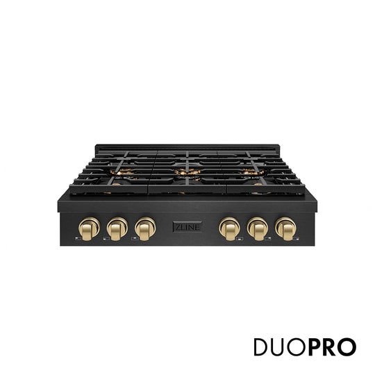 ZLINE Autograph Edition 36 in. Paramount Gas Rangetop with 6 Burner DuoPro™ Cooktop in Black Satin Stainless Steel and Champagne Bronze Accents, Open Box-Great Condition