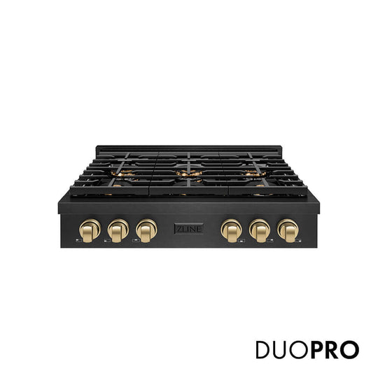 ZLINE Autograph Edition 36 in. Paramount Gas Rangetop with 6 Burner DuoPro™ Cooktop in Black Satin Stainless Steel and Champagne Bronze Accents, Open Box-Good Condition