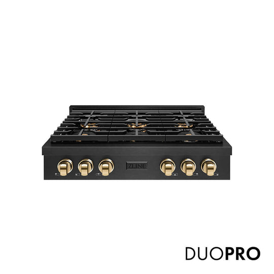 ZLINE Autograph Edition 36 in. Paramount Gas Rangetop with 6 Burner DuoPro™ Cooktop in Black Satin Stainless Steel and Polished Gold Accents, Open Box-Good Condition