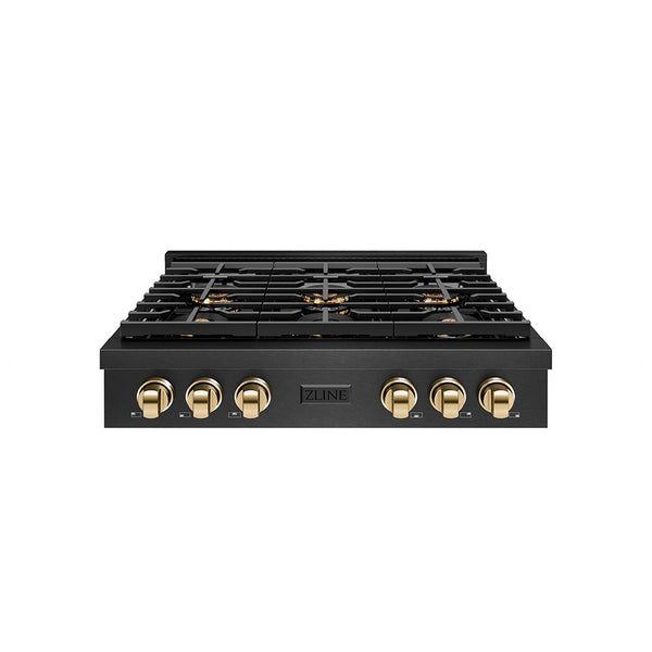 ZLINE Autograph Edition 36 in. Paramount Gas Rangetop with 6 Burner DuoPro™ Cooktop in Black Satin Stainless Steel and Polished Gold Accents, Open Box-Great Condition
