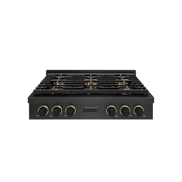 ZLINE Designer Collection 36 in. Paramount Gas Rangetop with 6 Burner DuoPro™ Cooktop in Black Satin Stainless Steel with Matte Black and Champagne Bronze Accents, Open Box-Great Condition