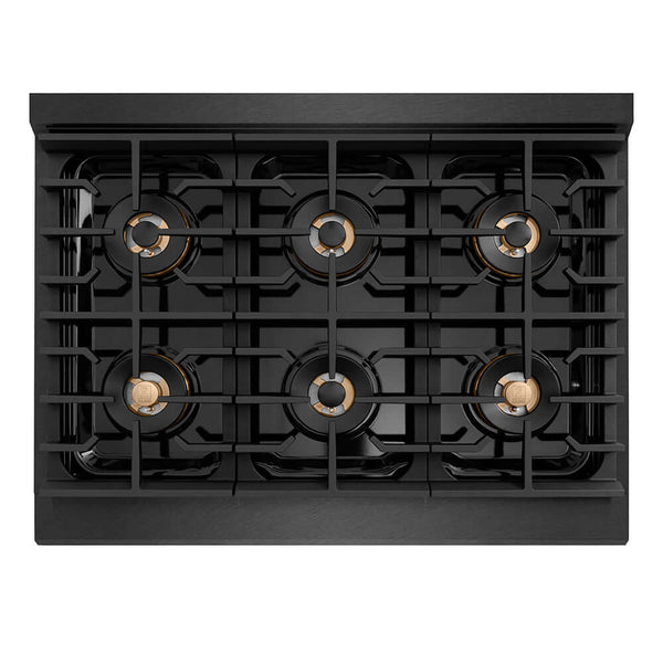 ZLINE Designer Collection 36 in. Paramount Gas Rangetop with 6 Burner DuoPro™ Cooktop in Black Satin Stainless Steel with Matte Black and Champagne Bronze Accents, Open Box-Good Condition
