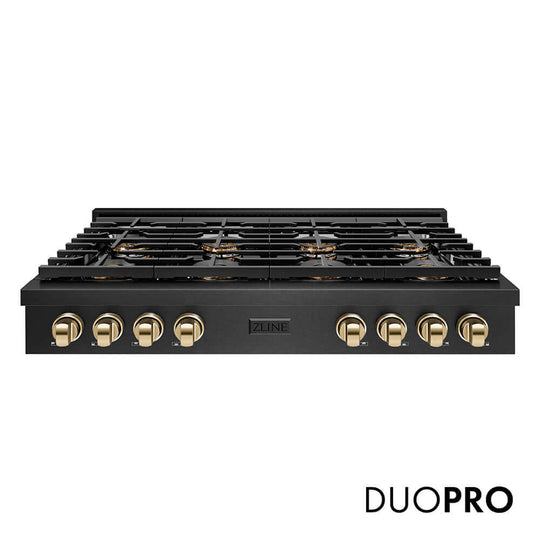 ZLINE Autograph Edition 48 in. Paramount Gas Rangetop with 8 Burner DuoPro™ Cooktop in Black Satin Stainless Steel and Polished Gold Accents, Open Box-Good Condition