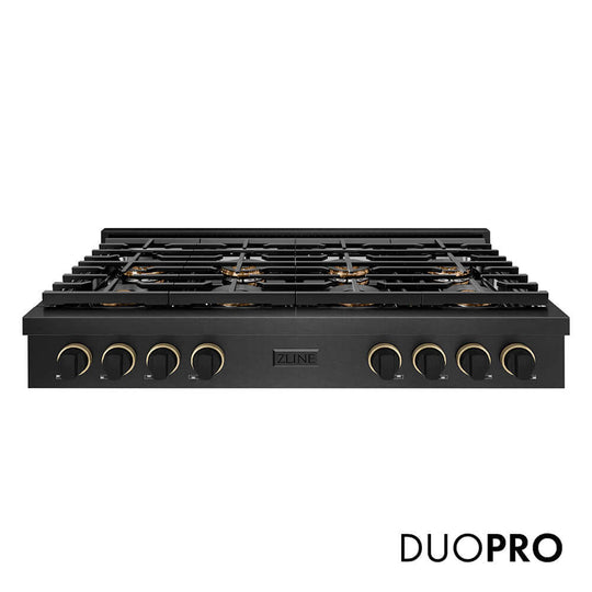 ZLINE Designer Collection 48 in. Paramount Gas Rangetop with 8 Burner DuoPro™ Cooktop in Black Satin Stainless Steel with Matte Black and Champagne Bronze Accents, Open Box-Good Condition