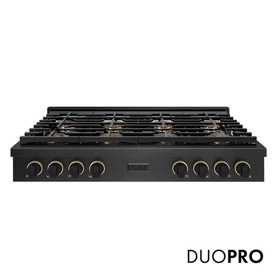 ZLINE Designer Collection 48 in. Paramount Gas Rangetop with 8 Burner DuoPro™ Cooktop in Black Satin Stainless Steel with Matte Black and Champagne Bronze Accents, Open Box-Great Condition