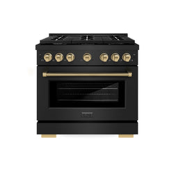 ZLINE Autograph Edition 36 in. 5.2 cu. ft. Paramount Dual Fuel Range with 6 Burner Gas Cooktop and Electric Convection Oven in Black Stainless Steel with Champagne Bronze Helix Handle and Knob Accents (SDRBZ-36-KCB)