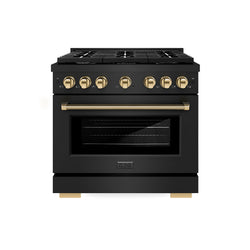 ZLINE Autograph Edition 36 in. 5.2 cu. ft. Paramount Dual Fuel Range with 6 Burner Gas Cooktop and Electric Convection Oven in Black Stainless Steel with Polished Gold Helix Handle and Knob Accents (SDRBZ-36-KG)