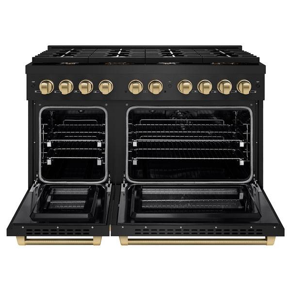 ZLINE Autograph Edition 48 in. 6.7 cu. ft. Paramount Double Oven Dual Fuel Range with 8 Burner Gas Cooktop in Black Stainless Steel and Champagne Bronze Helix Handles and Knob Accents (SDRBZ-48-KCB)
