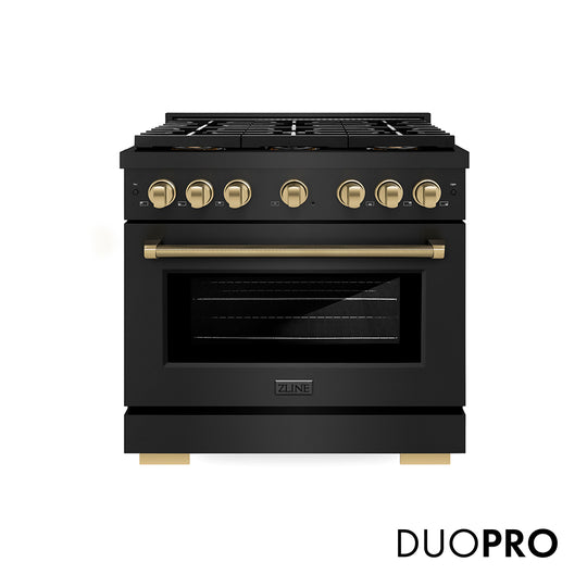 ZLINE Autograph Edition 36 in. 5.2 cu. ft. Paramount Dual Fuel Range with 6 Burner DuoPro™ Cooktop and Electric Convection Oven in Black Stainless Steel with Champagne Bronze Helix Handle and Accents (PSDRBZ-36-KCB)