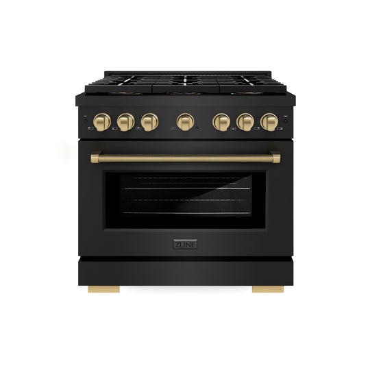 ZLINE Autograph Edition 36 in. 5.2 cu. ft. Paramount Dual Fuel Range with 6 Burner DuoPro™ Cooktop and Electric Convection Oven in Black Stainless Steel with Champagne Bronze Helix Handle and Accents (PSDRBZ-36-KCB)