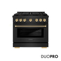 ZLINE Autograph Edition 36 in. 5.2 cu. ft. Paramount Dual Fuel Range with 6 Burner DuoPro™ Cooktop and Electric Convection Oven in Black Stainless Steel with Polished Gold Helix Handle and Accents (PSDRBZ-36-KG)