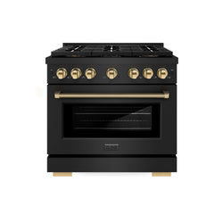 ZLINE Autograph Edition 36 in. 5.2 cu. ft. Paramount Dual Fuel Range with 6 Burner DuoPro™ Cooktop and Electric Convection Oven in Black Stainless Steel with Polished Gold Helix Handle and Accents (PSDRBZ-36-KG)