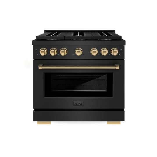 ZLINE Autograph Edition 36 in. 5.2 cu. ft. Paramount Dual Fuel Range with 6 Burner DuoPro™ Cooktop and Electric Convection Oven in Black Stainless Steel with Polished Gold Helix Handle and Accents (PSDRBZ-36-KG)