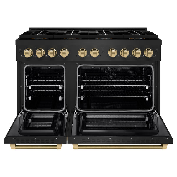 ZLINE Autograph Edition 48 in. 6.7 cu. ft. Paramount Dual Fuel Range with 8 Burner DuoPro™ Cooktop and Dual Ovens in Black Stainless Steel with Champagne Bronze Helix Handles and Accents (PSDRBZ-48-KCB)