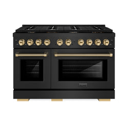 ZLINE Autograph Edition 48 in. 6.7 cu. ft. Paramount Dual Fuel Range with 8 Burner DuoPro™ Cooktop and Dual Ovens in Black Stainless Steel with Polished Gold Helix Handles and Accents (PSDRBZ-48-KG)