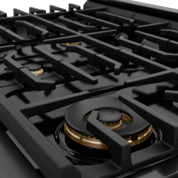 ZLINE Autograph Edition 36 in. 5.2 cu. ft. Paramount Gas Range with 6 Burner Cooktop and Convection Gas Oven in Black Stainless Steel with Polished Gold Helix Handle and Knob Accents (SGRBZ-36-KG)