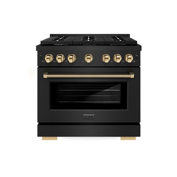 ZLINE Autograph Edition 36 in. 5.2 cu. ft. Paramount Gas Range with 6 Burner Cooktop and Convection Gas Oven in Black Stainless Steel with Polished Gold Helix Handle and Knob Accents (SGRBZ-36-KG)