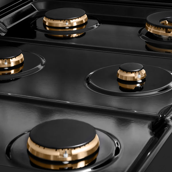 ZLINE Autograph Edition 36 in. 5.2 cu. ft. Paramount Gas Range with 6 Burner Cooktop and Convection Gas Oven in Black Stainless Steel with Polished Gold Helix Handle and Knob Accents (SGRBZ-36-KG)