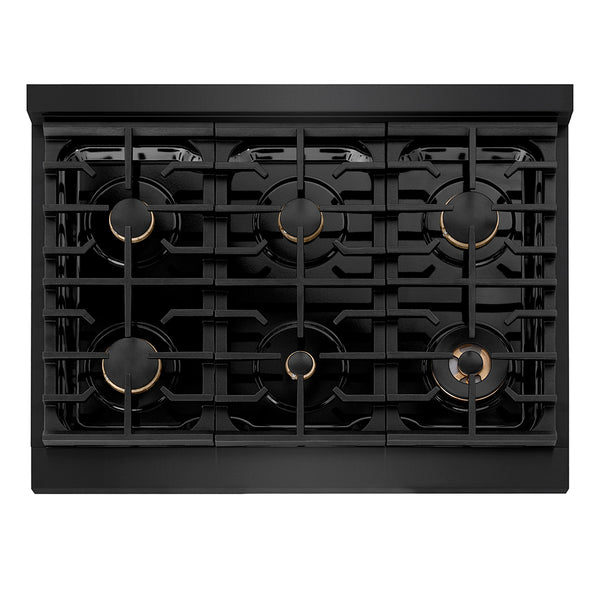ZLINE Autograph Edition 36 in. 5.2 cu. ft. Paramount Gas Range with 6 Burner Cooktop and Convection Gas Oven in Black Stainless Steel with Polished Gold Helix Handle and Knob Accents (SGRBZ-36-KG)