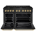 ZLINE Autograph Edition 48 in. 6.7 cu. ft. Paramount Double Oven Gas Range with 8 Burner Cooktop in Black Stainless Steel and Polished Gold Helix Handles and Knob Accents (SGRBZ-48-KG)