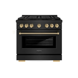 ZLINE Autograph Edition 36 in. 5.2 cu. ft. Paramount Gas Range with 6 Burner DuoPro™ Cooktop and Convection Gas Oven in Black Stainless Steel with Polished Gold Helix Handle and Accents (PSGRBZ-36-KG)