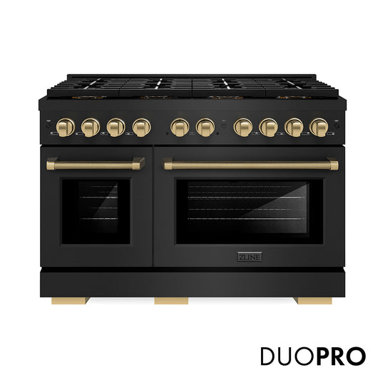 ZLINE Autograph Edition 48 in. 6.7 cu. ft. Paramount Gas Range with 8 Burner DuoPro™ Cooktop and Dual Ovens in Black Stainless Steel with Champagne Bronze Helix Handles and Accents (PSGRBZ-48-KCB)