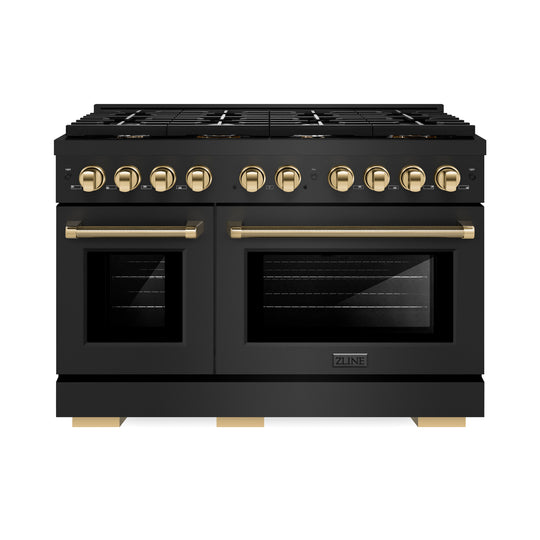 ZLINE Autograph Edition 48 in. 6.7 cu. ft. Paramount Gas Range with 8 Burner DuoPro™ Cooktop and Dual Ovens in Black Stainless Steel with Polished Gold Helix Handles and Accents (PSGRBZ-48-KG)